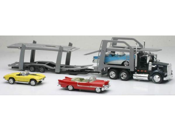 New Ray - Camion americain transport auto + 3 voitures vintage 1/43°