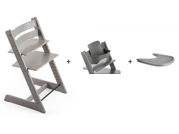 Pack chaise tripp trapp chêne gris pâle avec baby set et tablette