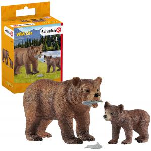 Figurine Maman grizzly avec ourson - Dimension : 13,6 cm x 5,8 cm x 19,2 cm - Schleich - 42473