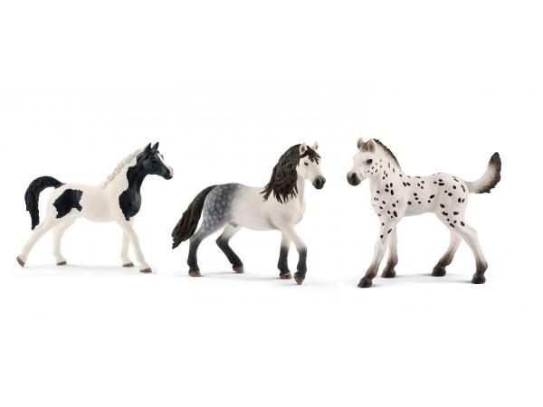 Figurines de chevaux (Étalon pintabian, Étalon andalou, poulain knabstrupper)