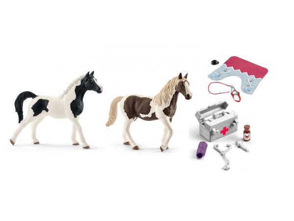 Figurines de chevaux (pintabian, pinto) et accessoires ( pharmacie d’écurie, couverture et licol)