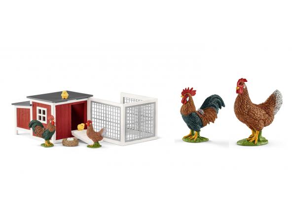 Figurines animaux de la ferme ( poulailler, poule, coq)