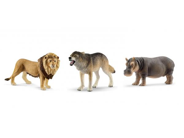 Figurines animaux sauvages (loup, lion, hippopotame)