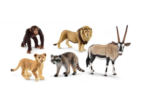 Figurines animaux sauvages (lion, lionceau, raton, chimpanzé, oryx)