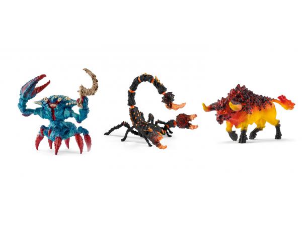 Figurines fantastiques (scorpion de lave, taureau de feu, crabe de combat avec arme)