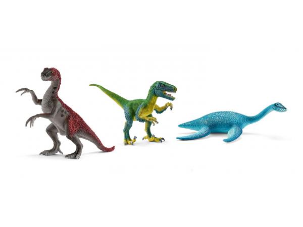Figurines dinosaures (jeune therizinosaurus, vélociraptor, plésiosaure)