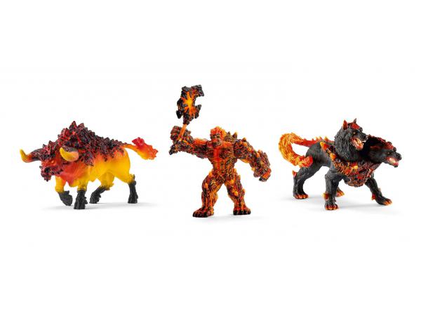 Figurines fantastiques (taureau de feu, cerbère, golem de lave avec arme)