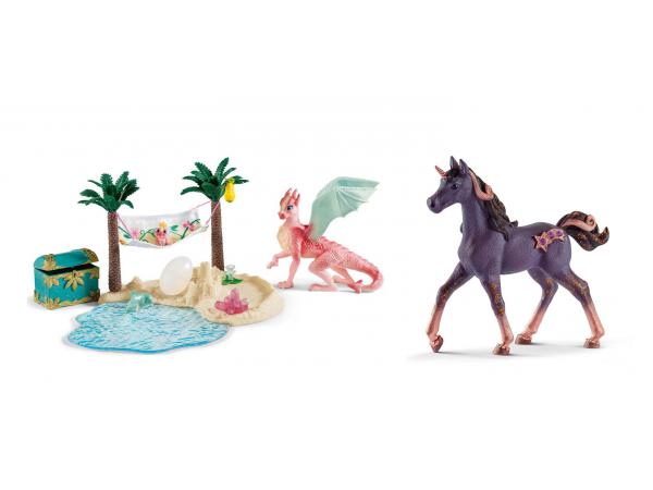 Figurines monde de bayala (licorne de lune, poulain, ile au trésor avec maman et bébé dragon)