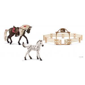 Figurine chevaux avec manège avec portail - équestre rocky mountain, poulain knabstrupper - Schleich - bu074
