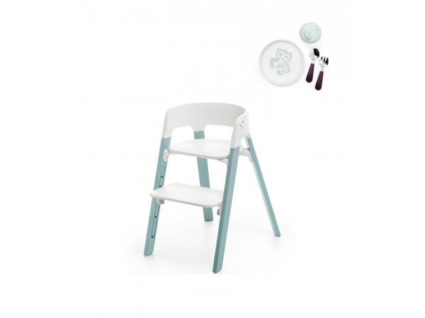 Steps chaise pour enfant avec coffret munch essentiels (hêtre aqua, assise blanc)