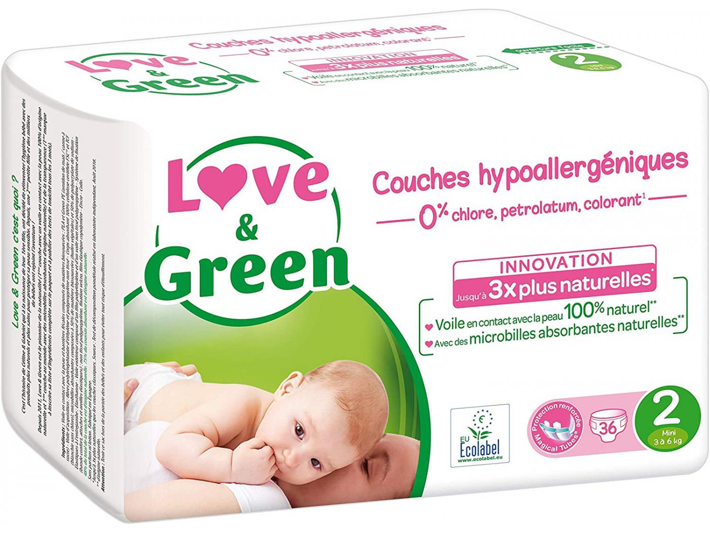 Love And Green - Couches Bébé Hypoallergéniques 0% - Taille 2 (3-6 kg) - 36  couches