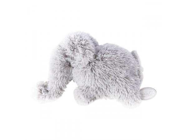 Petit doudou plat petit éléphant gris clair oscar - position allongée 18 cm, hauteur 12 cm
