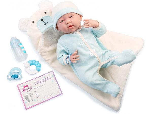Blue soft body la newborn dans bear bunting et accessoires. corps souple nouveau-né. costume bleu avec couverture.