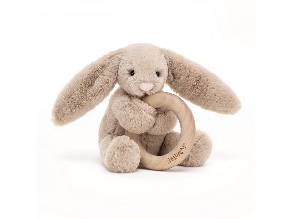 Bashful beige bunny wooden ring toy - 13 cm