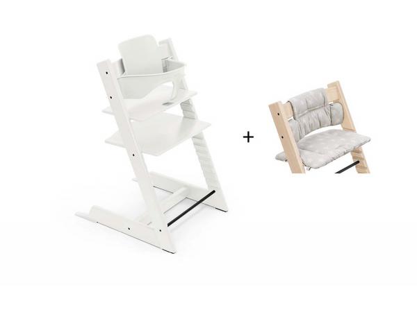 Chaise tripp trapp blanc, coussin etoile grise avec baby set
