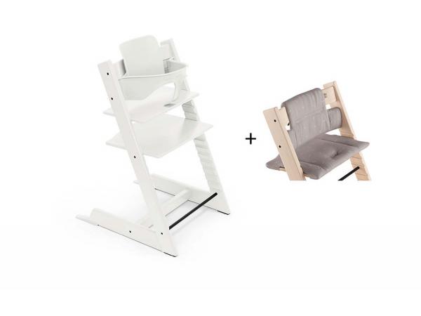 Chaise tripp trapp blanc, coussin icon gris avec baby set