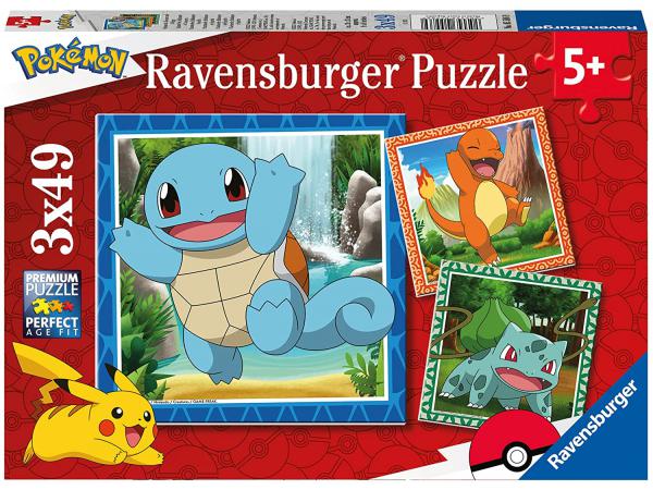 Puzzles enfants - puzzles 3x49 pièces - salamèche, bulbizarre et carapuce / pokémon