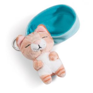 Porte-clés chat brun à rayures dormant dans son panier rose - 8 cm - Nici - 48837