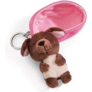 Porte-clés chien brun dormant dans son panier rose - 8 cm - Nici - 48832
