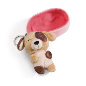 Porte-clés chien tricolore dormant dans son panier pêche clair - 8 cm - Nici - 48831