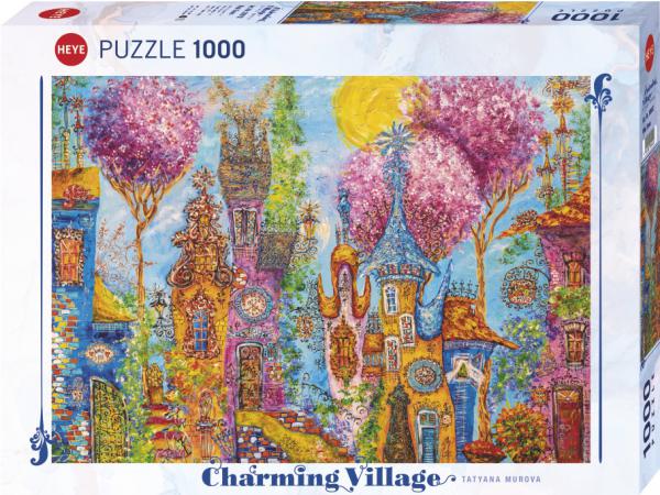 Puzzle 1000 pièces charming village pink trees heye